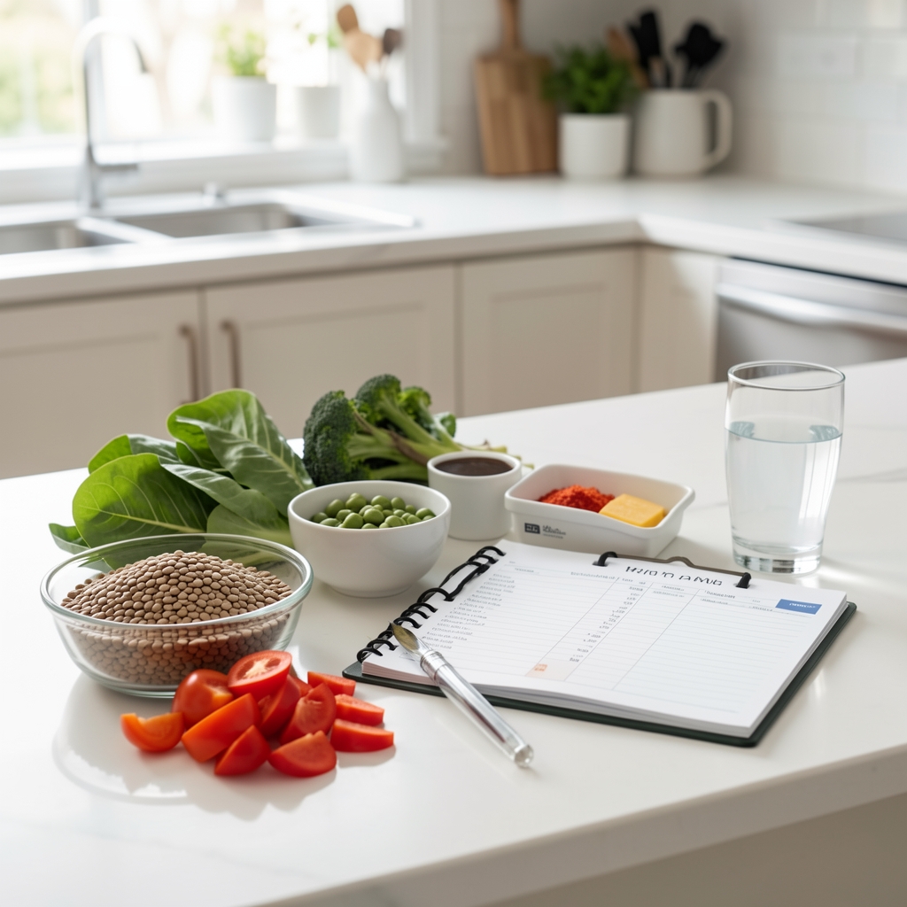 Open meal planner beside measured ingredients, lentils, vegetables and a glass of water on a bright kitchen counter